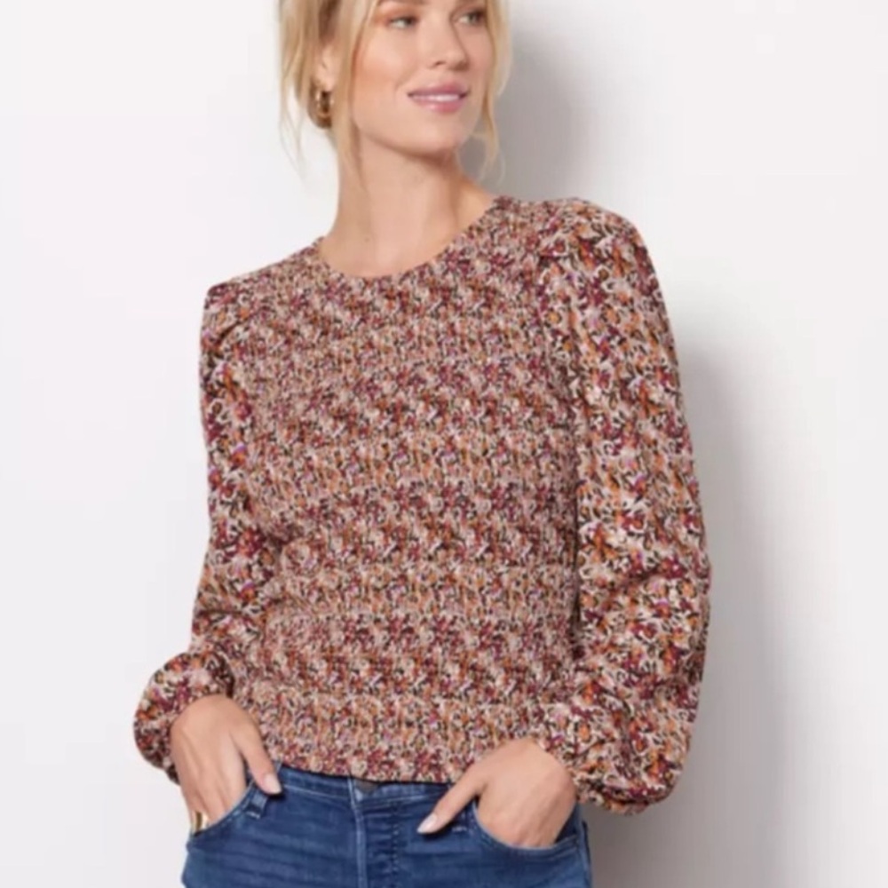 Evereve Smocked Blouse with Long Sleeves Multi Abstract Floral Print